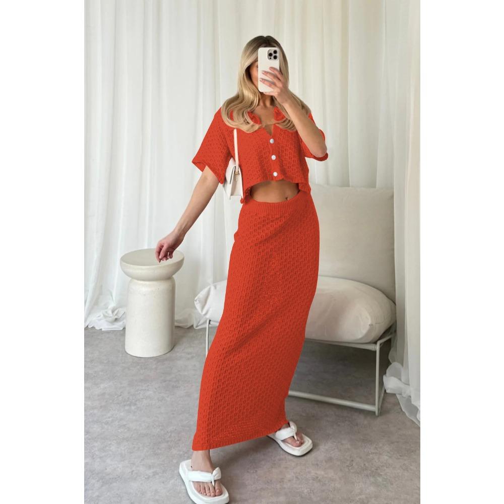 GMXIA Summer Spring Knitted Hook Flower Set Skirt Multi-color Cardigan Buckle Skirt All Match Set