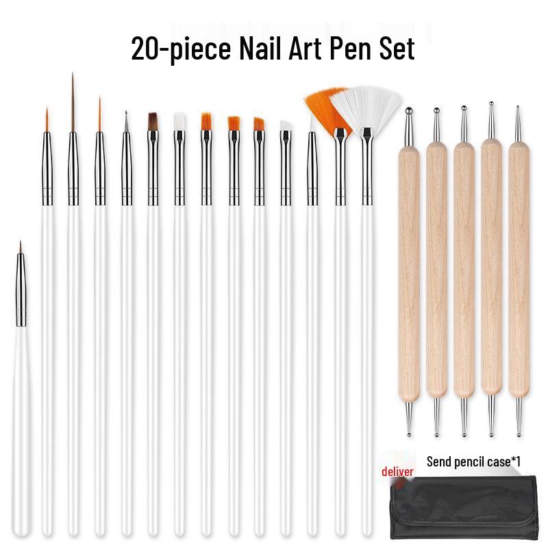 20-Piece Nail Art Brush Set: Painting, Gel, Cleaner, Dotting & Gradient Pens for Flower Designs