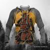 Mens Hooded Sweatshirt With 3D Samurai Print Loose Fit Casual Wear