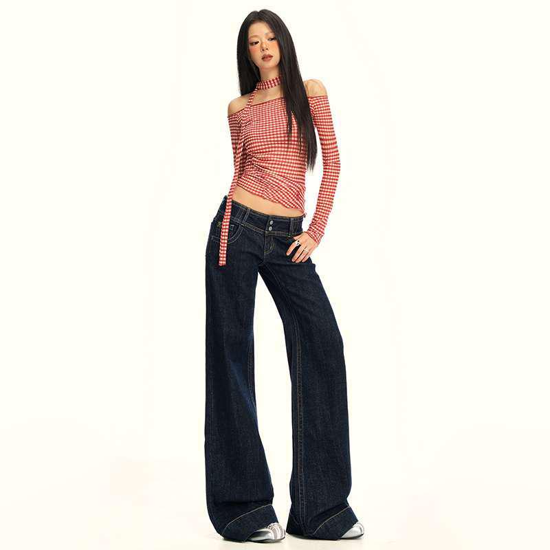 American Retro Deep Blue Micro Flare Wide-Leg Jeans M