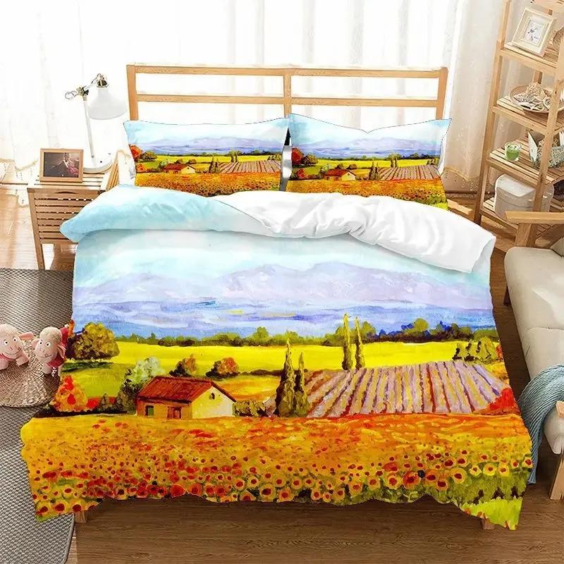 Oil Painting Landscape Duvet Cover King Queen Size Seaside Sunset Colorful Painted Style Art Print Polyester Comforter Cover