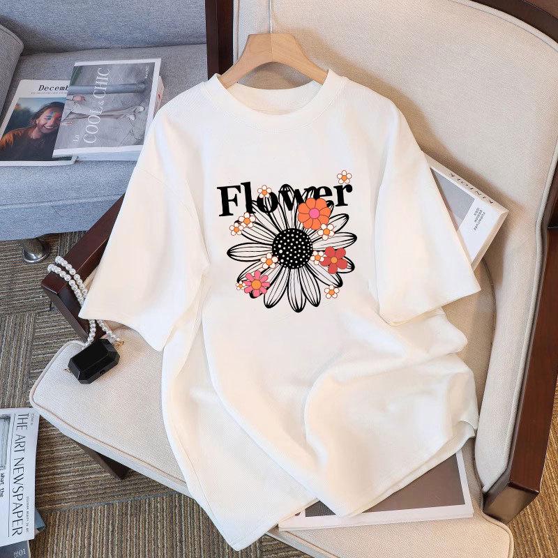 

Women s Plus Size White Printed Cotton Short Sleeve T-shirt - Summer 2025 Casual Loose Fit 2X Large