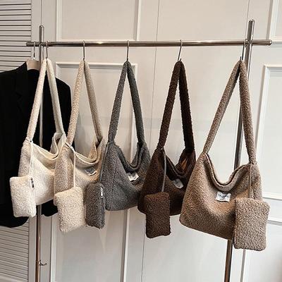 Women's Solid Color Imitation Sherpa Warm Plush Shoulder Bag with Inner Pocket Vintage Crossbody Handbag for Work & Travel