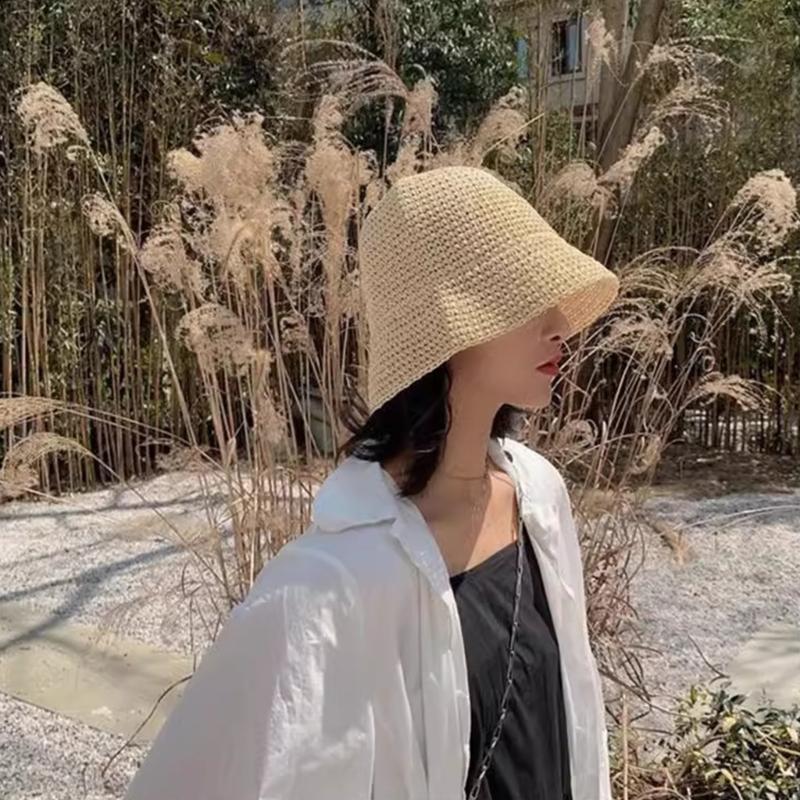 Natural Straw Summer Hat Packable Travel Handwoven Bucket Caps Sun Protection Beach Accessory