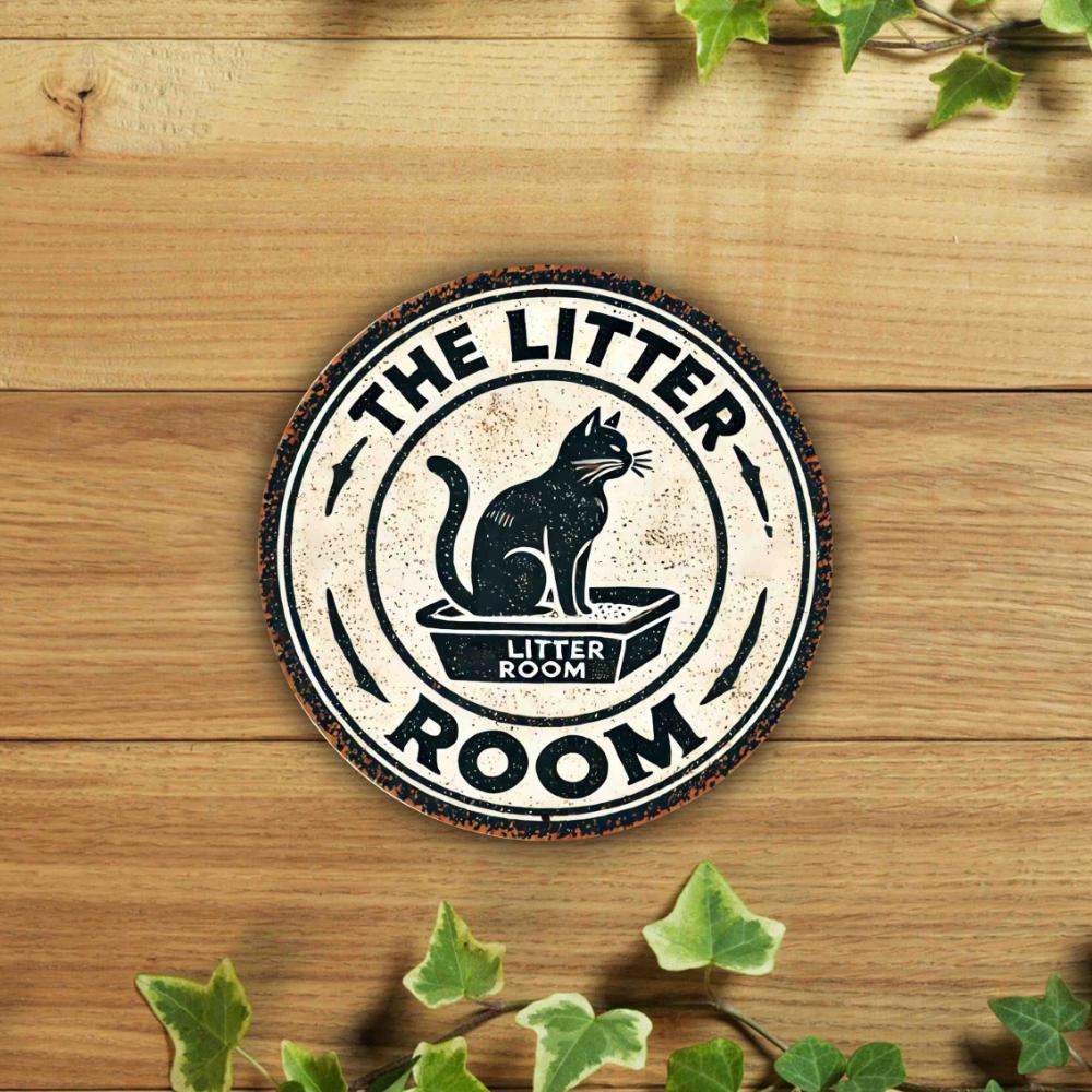 Vintage "The Litter Room" Aluminum Sign - Pack of 1 - Cat Themed Metal Wall Decor for Home, Bar or Farmhouse