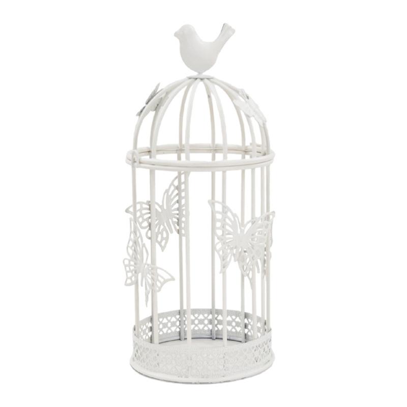 White Iron Candle Holders, Birdcage Frame with Butterfly Accent and Bird Top Detail, Antique Candlestick Lantern for Living Room, Entryway, or Study