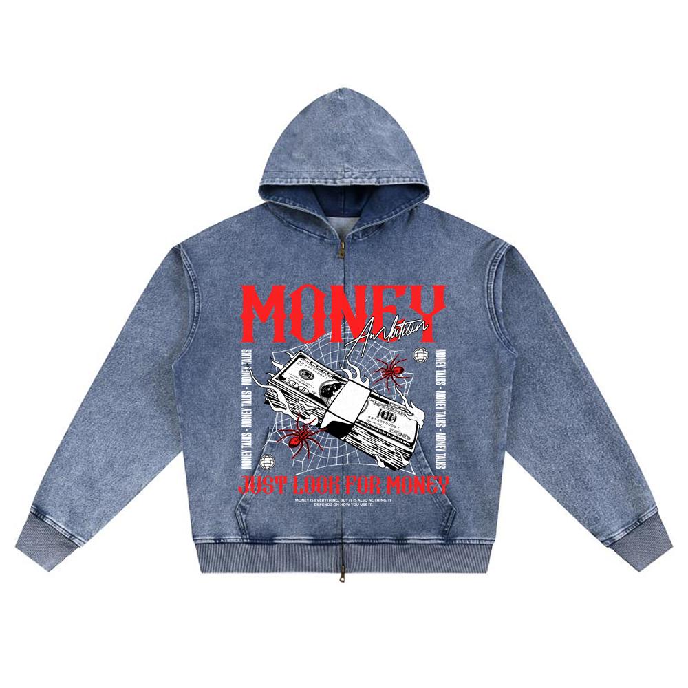 DTG Print Knitted Denim Zip-Up Hoodie Money Ambition Brother Print Zipper Hoodies  