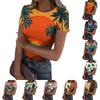 Women's Casual Fashion Round Neck Hawaiian Print Short Sleeve Ribbed Top