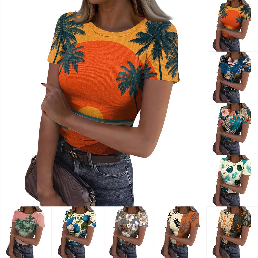 Women's Casual Fashion Round Neck Hawaiian Print Short Sleeve Ribbed Top