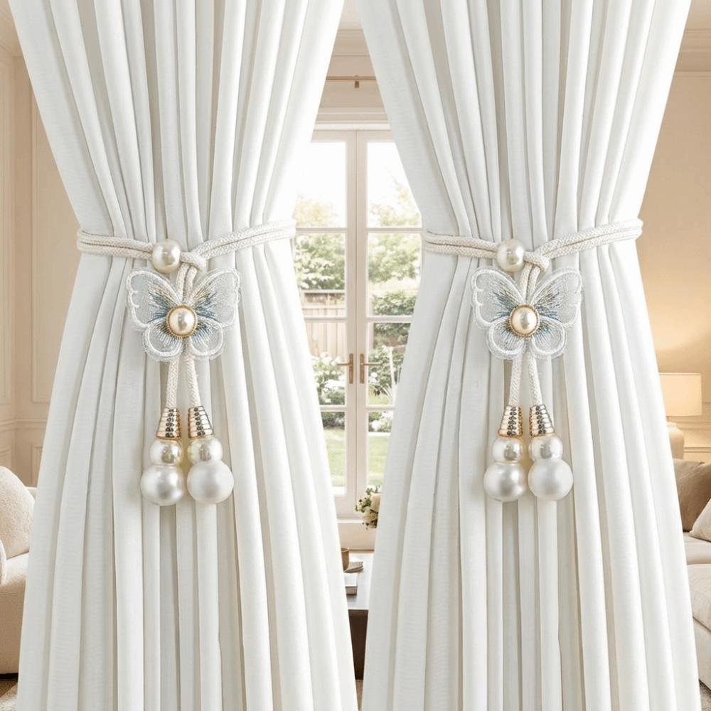 2PCS Curtain Holder Butterfly Curtain Tiebacks Artificial Pearl Curtains Tie Rope Living Room