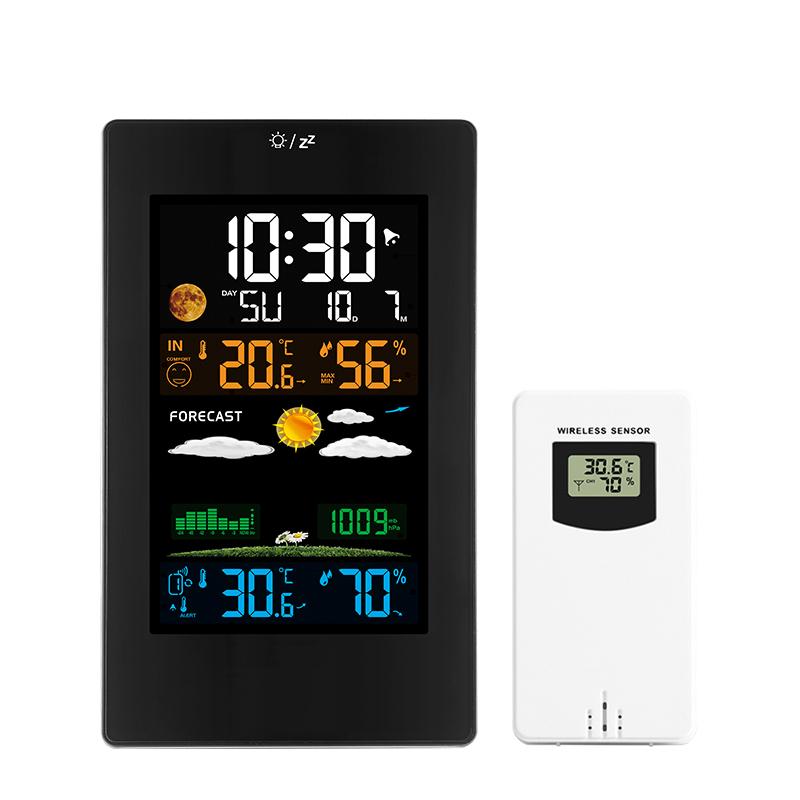 

Digital Wall Temperature Humidity Meter Wireless Sensor Electronic Weather Forecast Alarm Clock Moon Phase Barometer Backlit чёрный