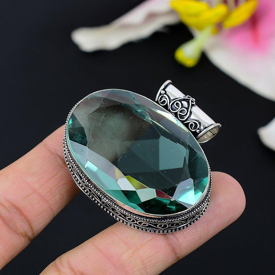 Aqua Apatite Gemstone Handmade 925 Sterling Silver Jewelry Pendant 2.29" KG-117
