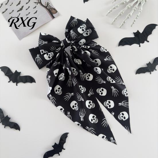 Halloween Bow Hairpin Spring Hair Clips for Women, Pumpkin Skeleton Ghost Hand Printed Clip Fabric Barrettes, Cute Horror Accessories Holiday