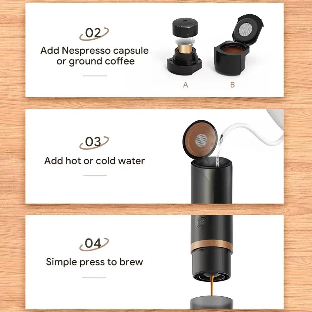 Neue tragbare Nespresso Kaffeemaschine Espresso Wiederaufladbare Kaffeemaschine Outdoor Reise Eingebaute Batterie Extraktion Pulver & Kapsu