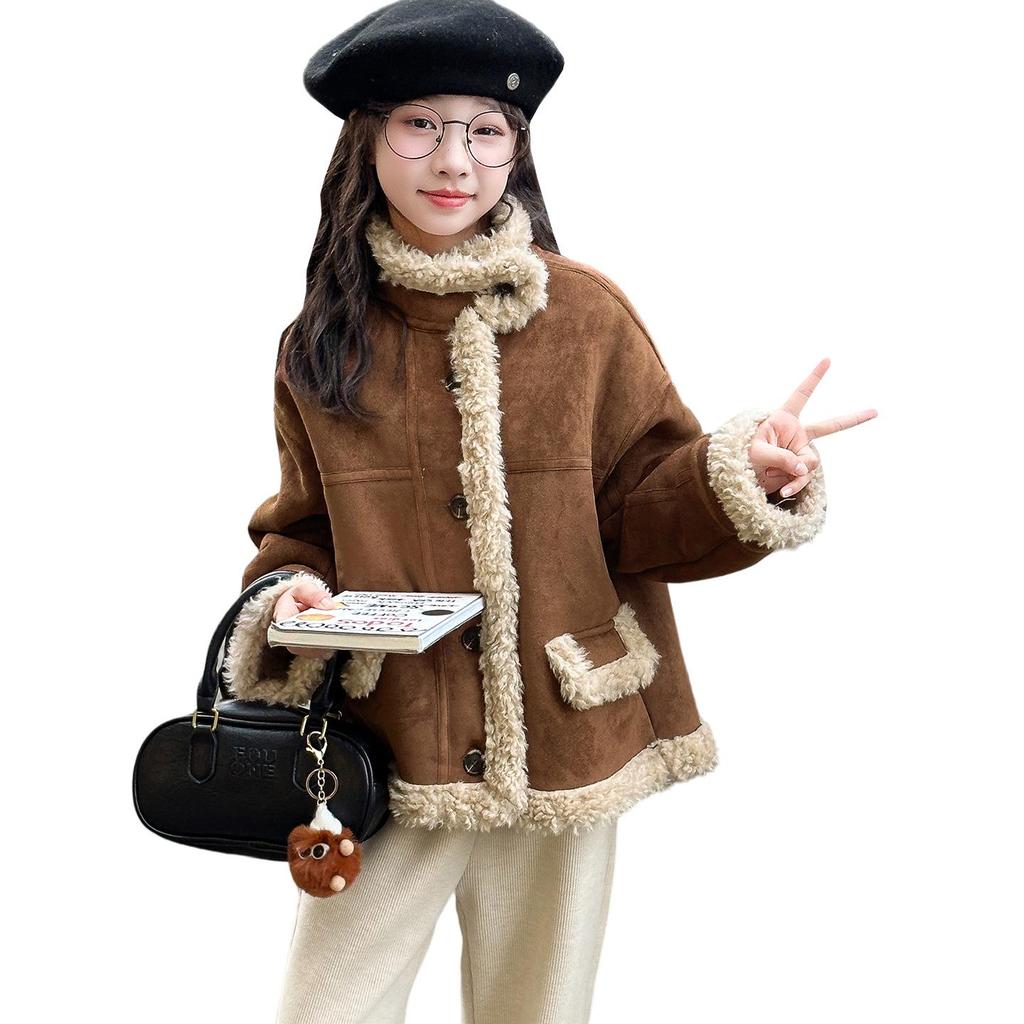 Girls' Fashionable Faux Fur and Leather One-Piece Winter Coat with Cotton-Padded Jacket for Autumn 2025