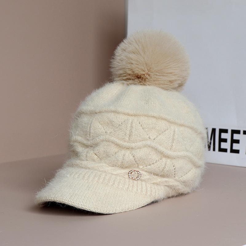 Autumn and Winter Hat Female Winter Warm Padded Knitted Cap Wool Cap Thickened Duck Tongue Cap Warm Plush Ear Protection Cap Beret