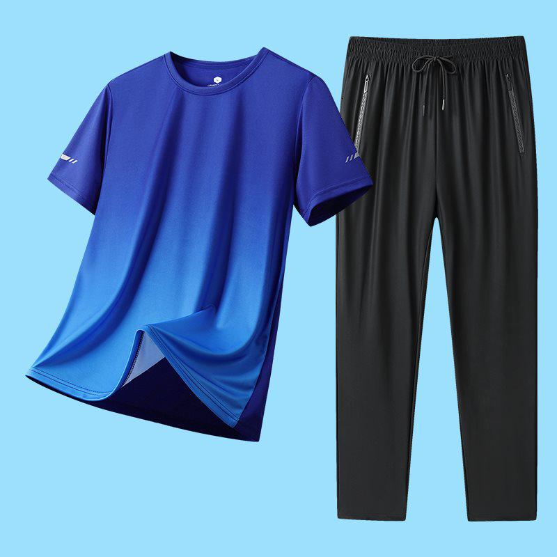 2026 Summer Men s Ice Silk Casual Sports Set: Round Neck Short Sleeve & Long Pants 3XL