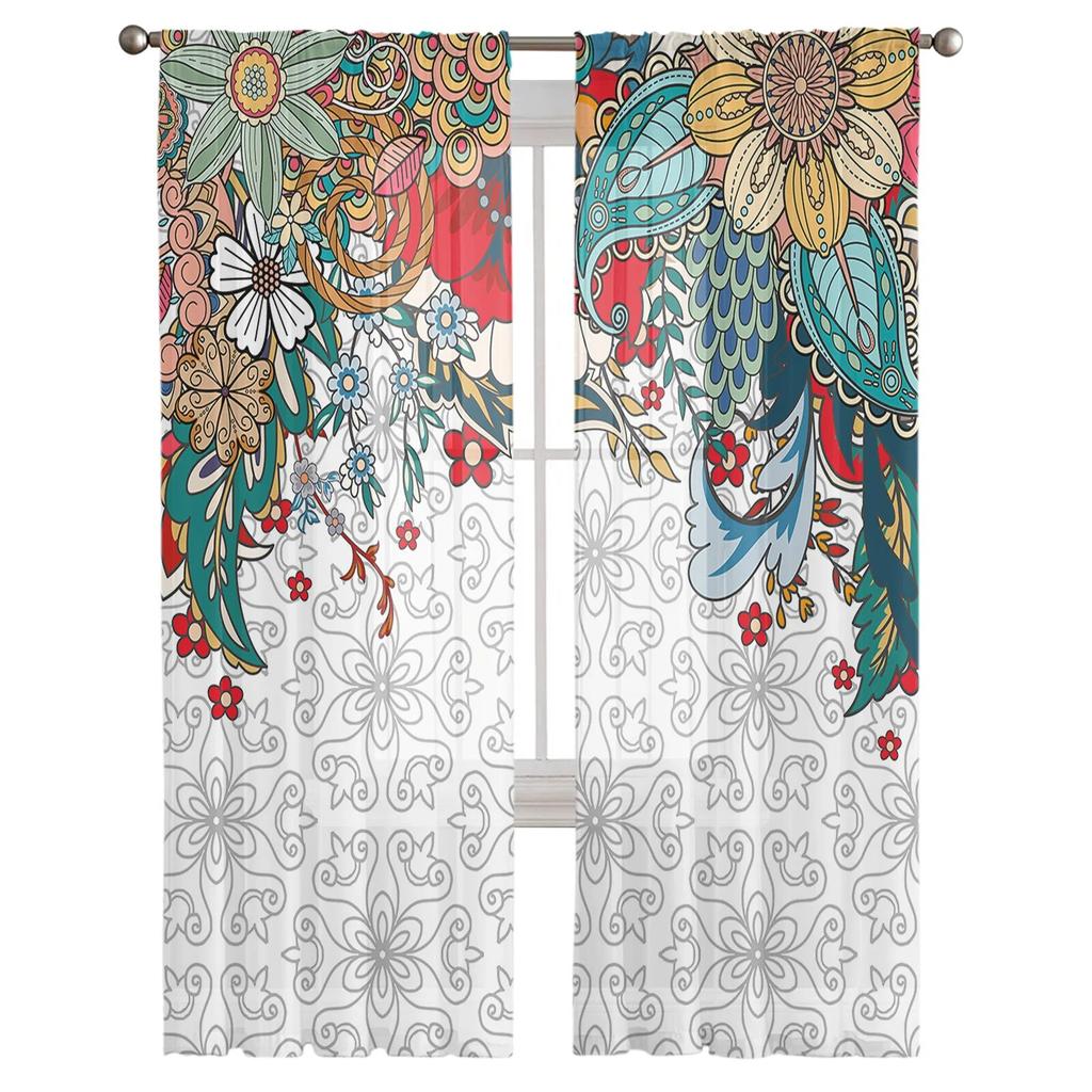 Boho Abstract Flower Plant Tulle Curtains For Living Room Sheer Curtain For Bedroom Kitchen Blinds Voile Curtains