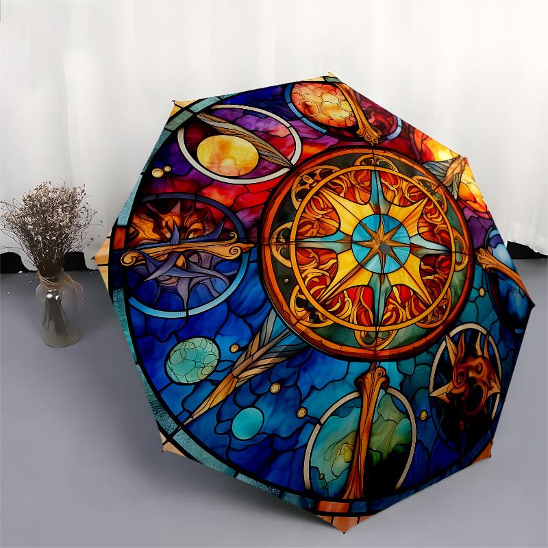 Stained Glass Celestial Wheel Artwork - Vibrant Wall Decor Umbrella, Christmas Gift Y142