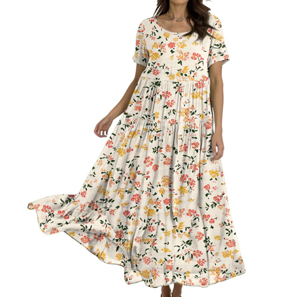 Women's Casual Loose Bohemian Floral Print Short Sleeve Dress
