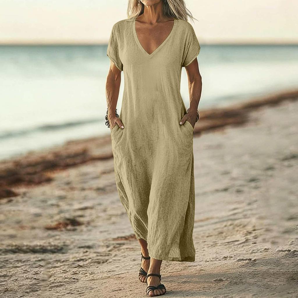 Women V Neck Short Sleeve Loose Fit Maxi Dress with Pockets Casual Summer Lightweight Long Dress for Daily Wear