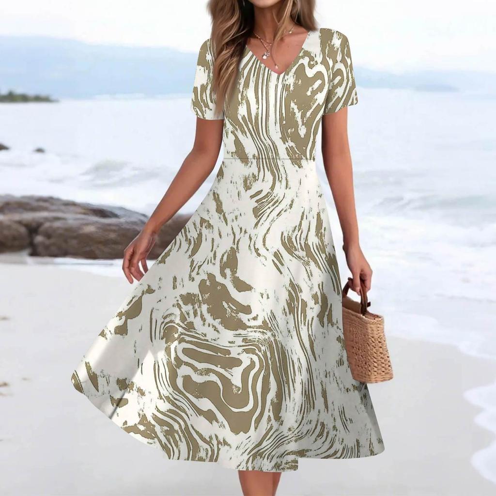 Women's Summer Casual Fashion Print Pocket Short Sleeve V-Neck Swing Dress