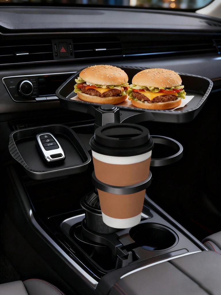 360° drehbarer Auto-Tablett-Tisch – Zwei Getränkehalter, Integrierter Handyhalter, Klappbare Snackablage, Auslaufsichere Essensplattform