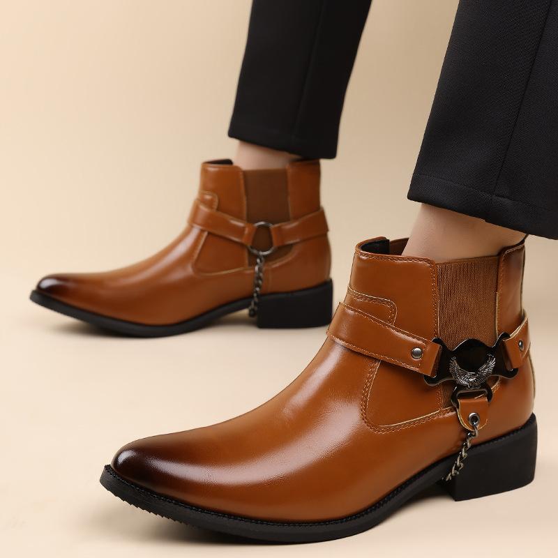 Brand Men Boots Fashion Pointed Leather Booties British Style Business Ankle Boots Lacquer Leather High Top Boot Men Dress Boots