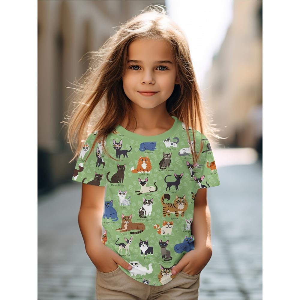 Kids Clothes Cute Cat Graphic T Shirts Short Sleeve Tops Summer Children's T-Shirt Crew Neck Child T-Shirt Cartoon Child T Shirt