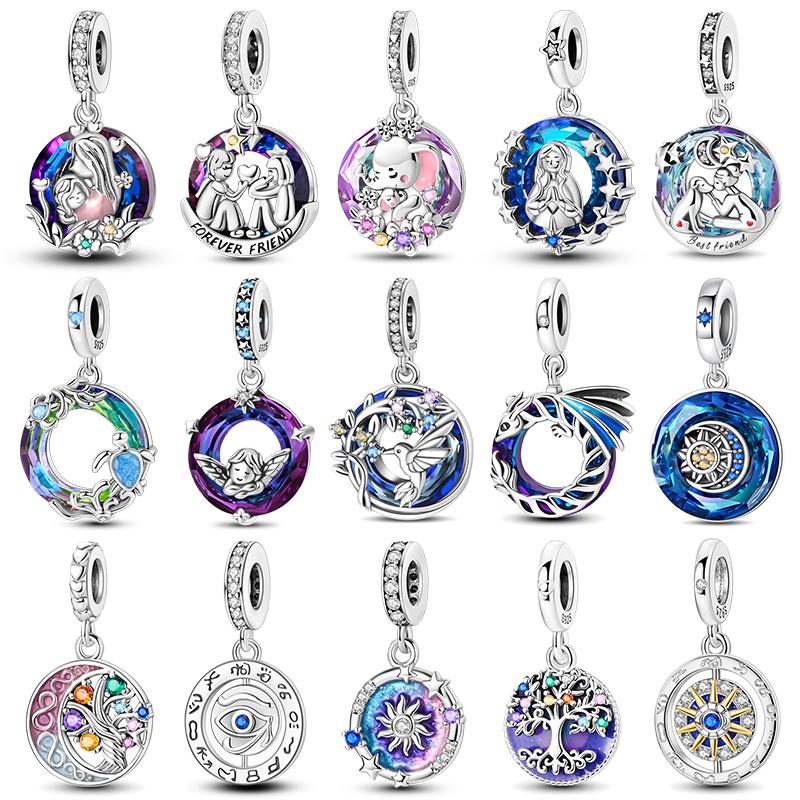 100% Copper Blue Round Crystal Life Tree Angel Star Moon Pendants Charms Fit Original Bracelets Diy Jewelry