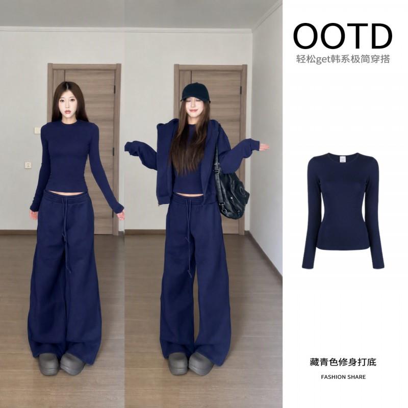 Womens Navy Blue Hooded Sweatshirt Set Casual Korean Style 3-Piece Outfit With Long Sleeve Top Straight Leg Pants Base Layer