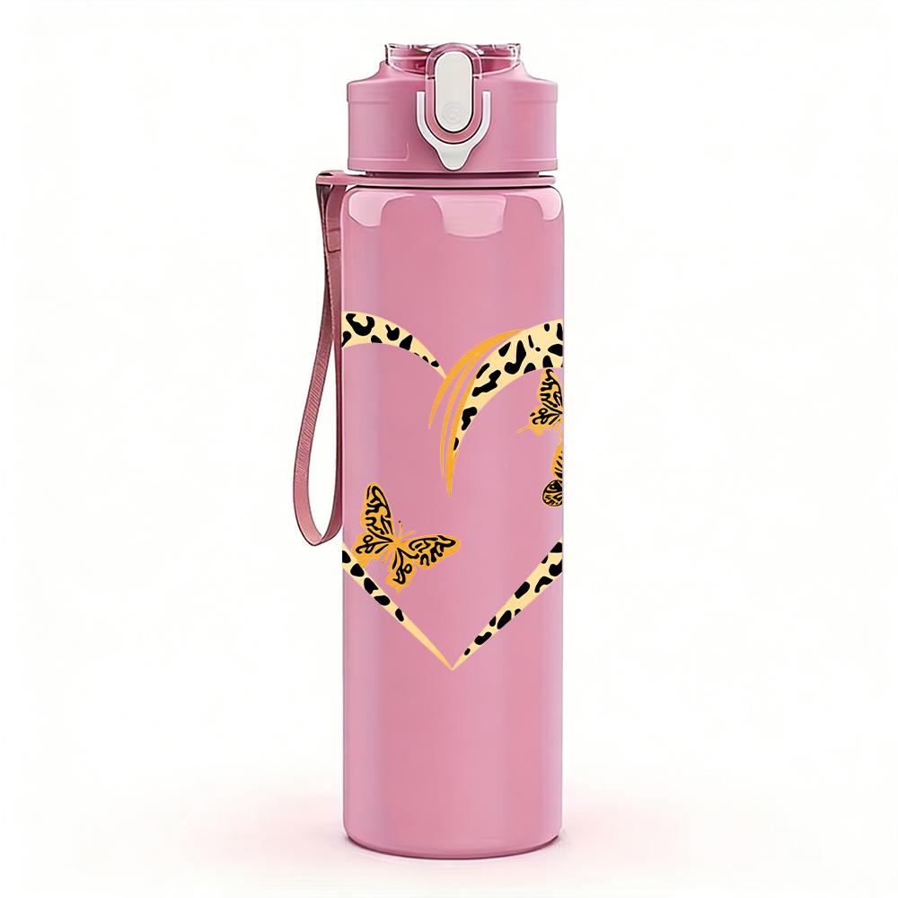 1PC Twin Butterfly Heart 750ml Color Plastic Sports Water Bottle Leakproof Flip Straw Lid Suitable for Sports Office Home Use