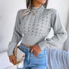 Women's Autumn and Winter Solid Color Hollow Striped Lantern Sleeve Crop Knit Sweater
