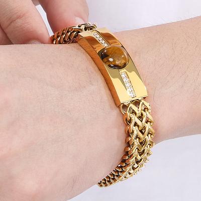 Bracciale a catena cubana Franco quadrata da 12 mm di larghezza Hiphop da uomo con CZ e pietra occhio di tigre Lusso mai sbiadito colore oro bracciali da uomo
