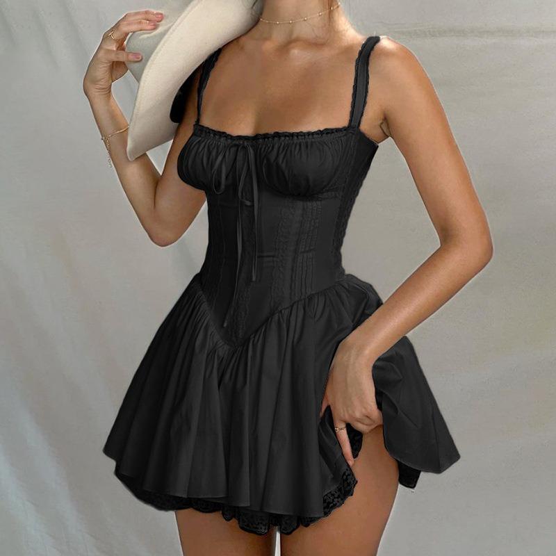Sexy Damen-Spitzen-Patchwork-Hosenträgerrock Taille Halter Kleiner Rock, Reinweißes Kleid Damen