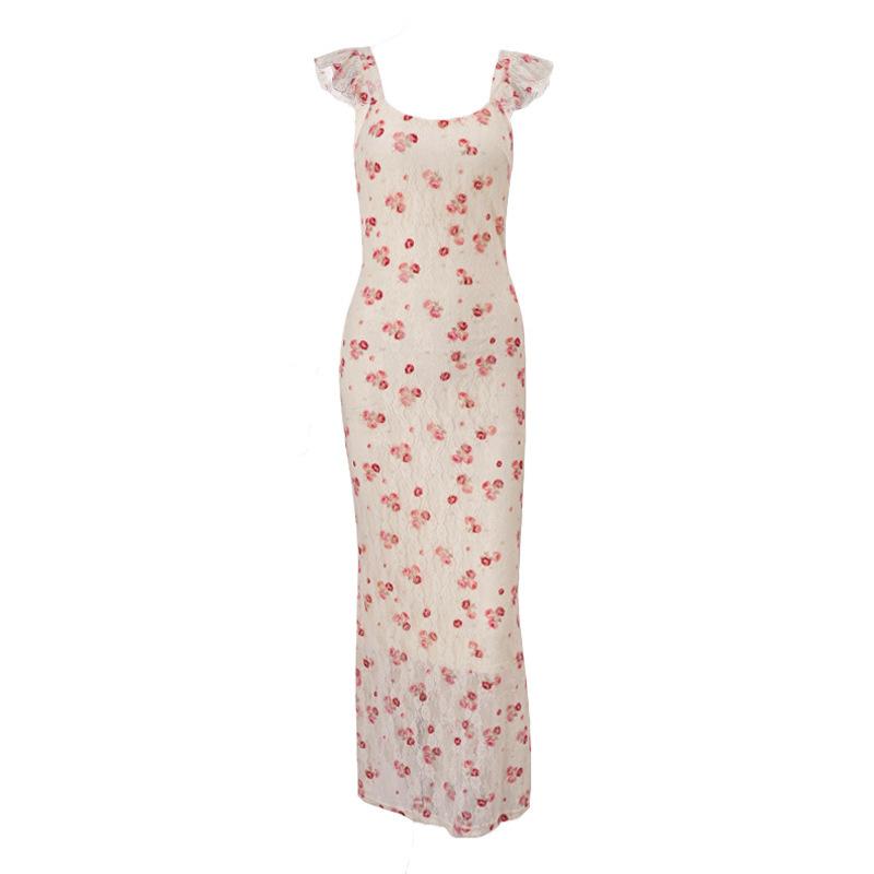 

INS European and American style autumn new sweet and spicy retro square neck rose backless fashion suspender dress women s clothing S абрикосовый