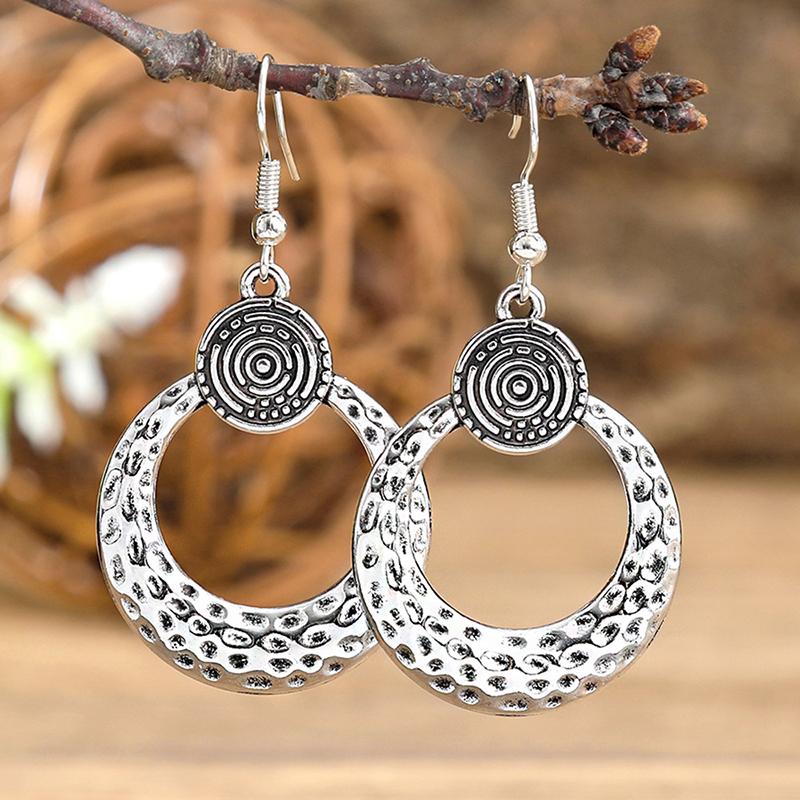 Fashion Vintage Tibetan Silver Carving Round Geometric Flower Drop Earrings Woman Retro Ethnic Boho Long Dangle Female Earrings