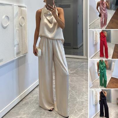 Women 2 Piece Satin Outfits Halter Neck Sleeveless Top And Wide Leg