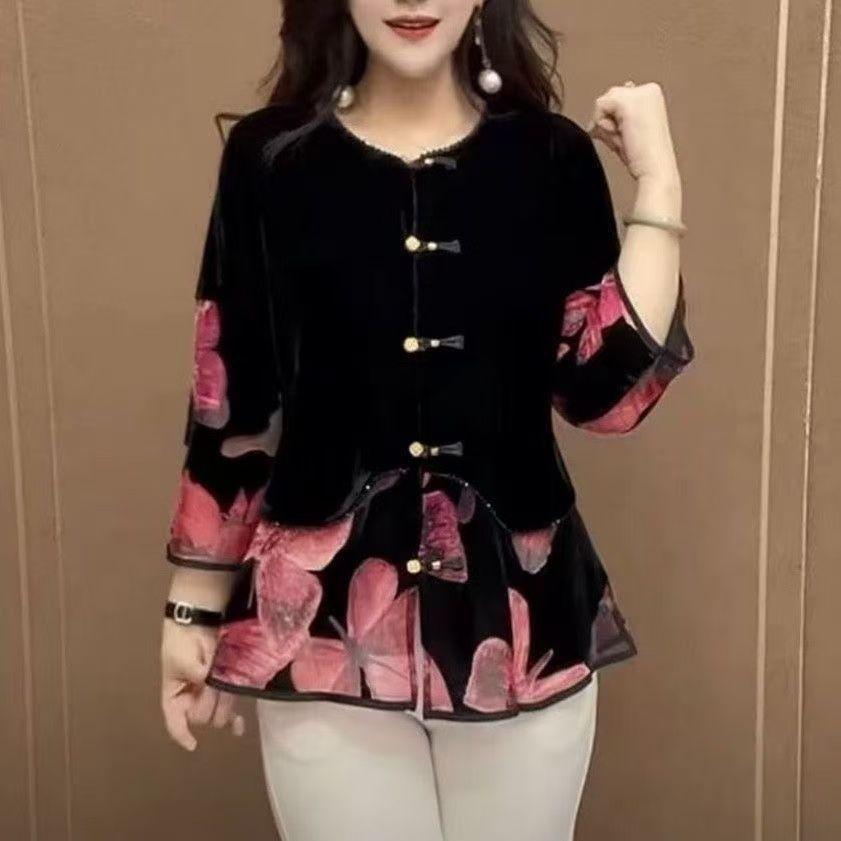 Vintage Women's Velvet Blouse Long Sleeve Slim Fit Printed Velvet Blouse for Spring and Autumn