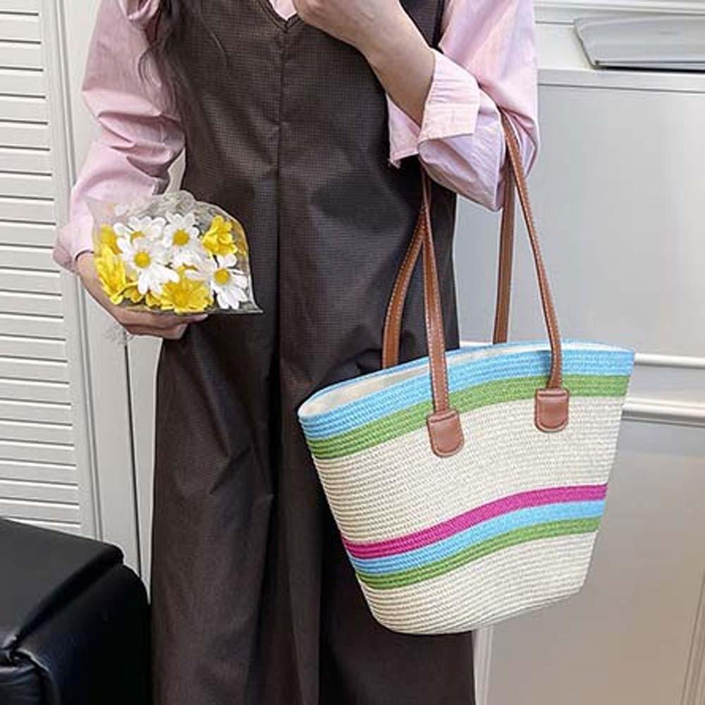 Polyester Shopping Straw Bag Lightweight Summer Beach Handbag Stripe Woven Tote Bag  Spring