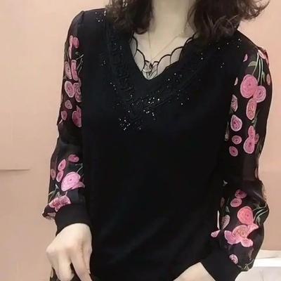 Women's Elegant V Neck Lace Patchwork Top Sparkle Sequin Print Long Sleeve Blouse
