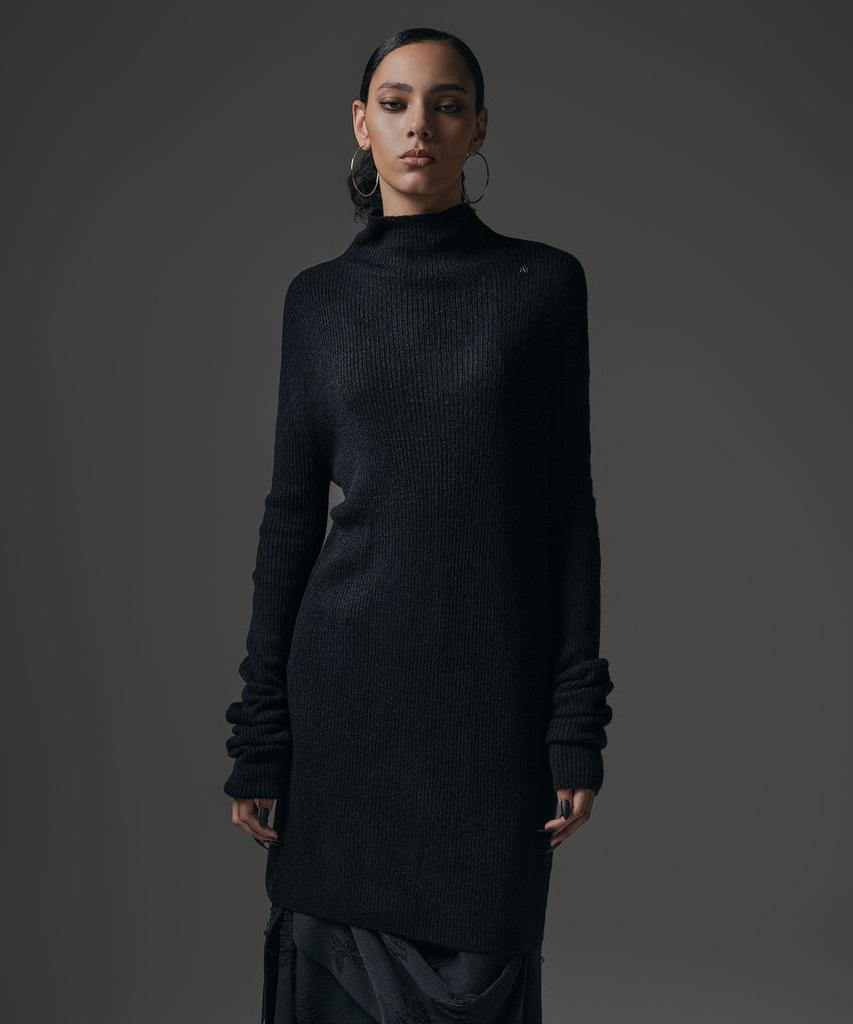Teulimingbeodeu Alpaca Half-Turtleneck Long Knit [ Black ]
