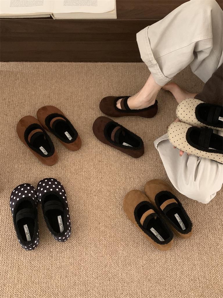 Flat-bottomed Velvet Birkenstocks Single Shoes Women's Autumn and Winter Outer Wear Retro Word Belt Mary Jane Love Fluffy Shoes Cotton Shoes