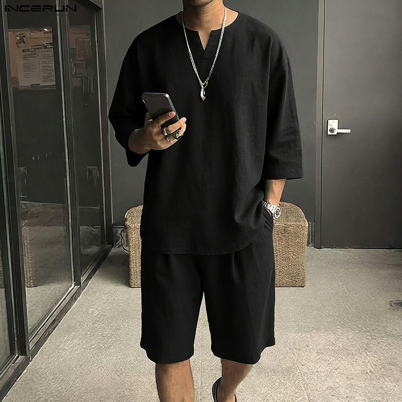 INCERUN Zweiteilige Sommer-Sets für Herren: V-Ausschnitt Kurzarm-Oberteile und Shorts, Oversized