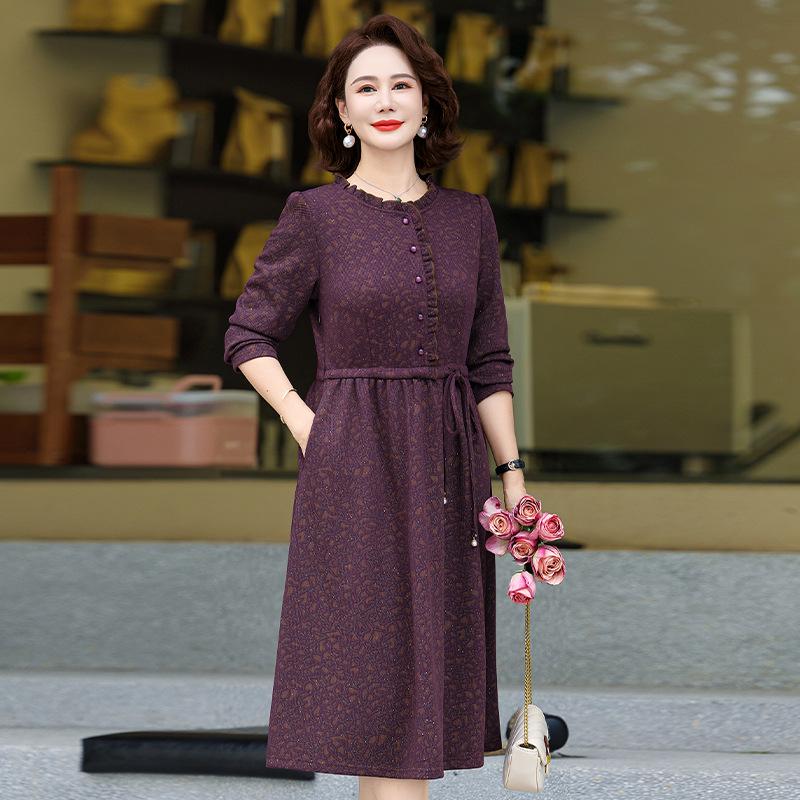 

Mom s Elegant Mid-Length Long Sleeve Dress for Spring and Autumn - Stylish & Slimming Attire for Middle-Aged Women XXXL for 125-135jin фіолетовий