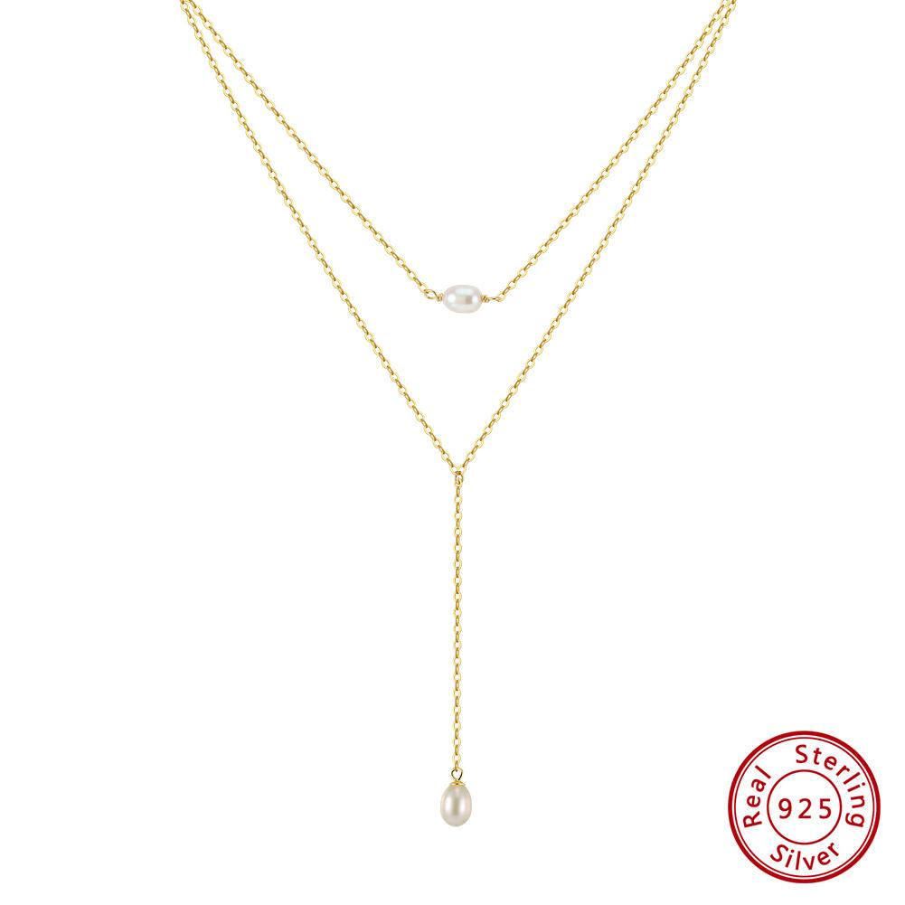 EFFIE QUEEN 925 Pure Silver Elegant Y Clavicle Pendant Necklace Natural Freshwater Pearl Party Y-shaped Chain Women's Gift BQN27