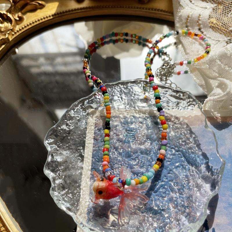 Elegant Resin Fish Pendant Necklace with Colorful Rice Beads Exquisite Beaded Necklace Party Jewelry for Wedding Holiday