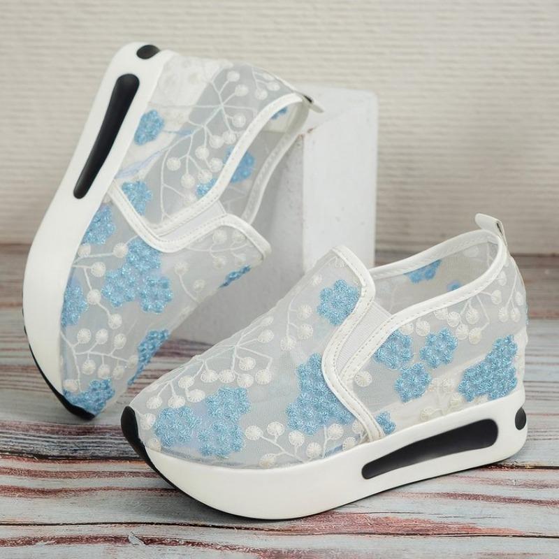Fashion Women Sneakers Floral Embroidery Mesh Breathable Sneakers Women Slip On Casual Comfy  Platform Shoes Woman Zapatos De Mujer