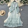 French romantic style lantern sleeve printed dress women's summer waist strap A-shaped long dress high-end temperament