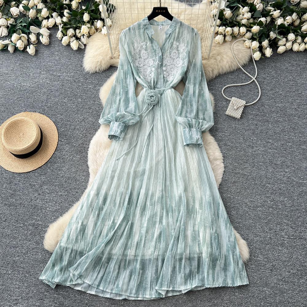 French romantic style lantern sleeve printed dress women's summer waist strap A-shaped long dress high-end temperament